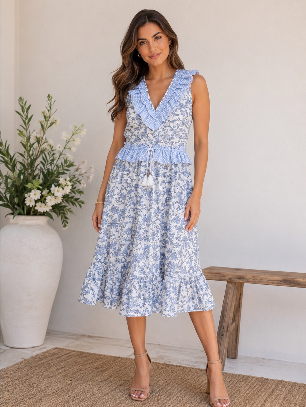 Magari 100% Cotton Floral Cottagecore Floral Ruffle Midi Dress M